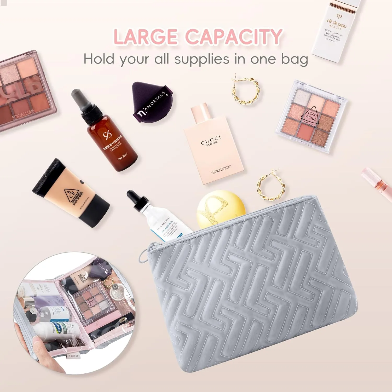 Makeup Bag Travel Essentials Cute Skincare Pouch Purse Cosmetic Bags for Women Traveling Make Up Organizer Portable Clear Case Toiletry Bag with Zipper (Light Grey, Medium)