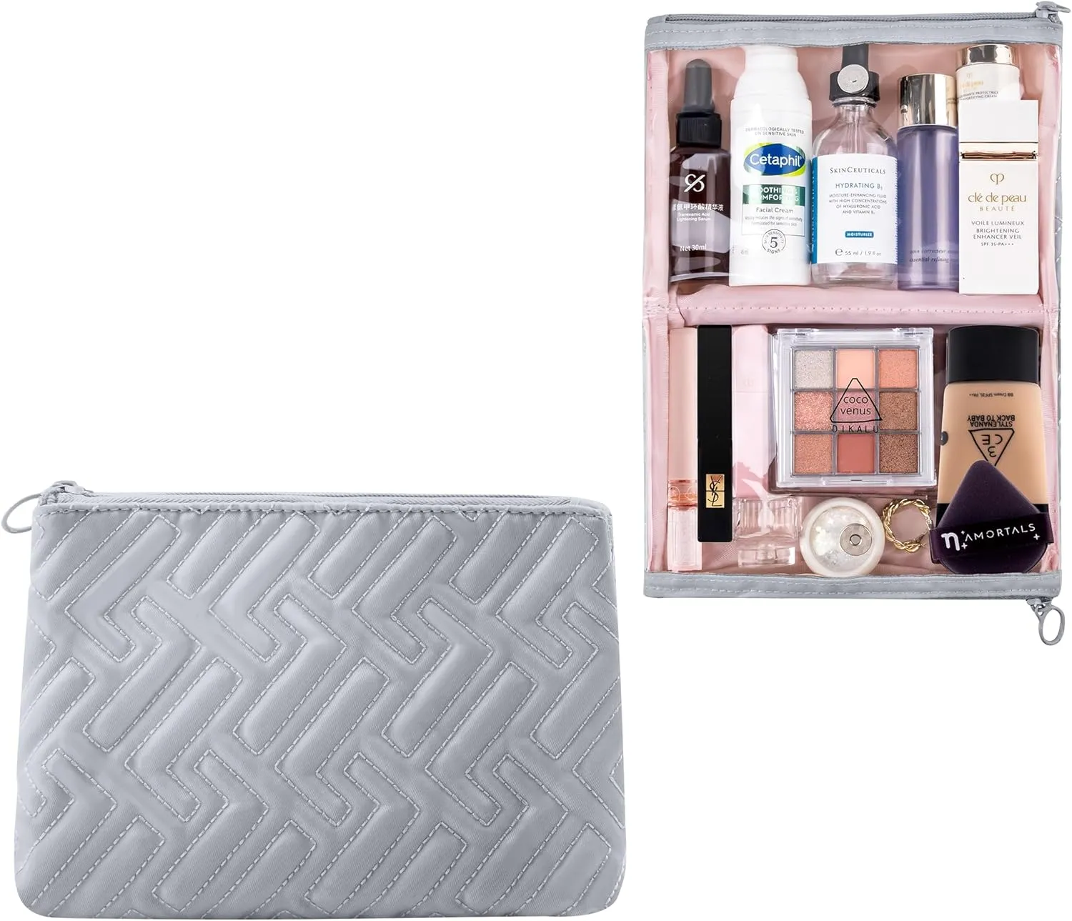 Makeup Bag Travel Essentials Cute Skincare Pouch Purse Cosmetic Bags for Women Traveling Make Up Organizer Portable Clear Case Toiletry Bag with Zipper (Light Grey, Medium)