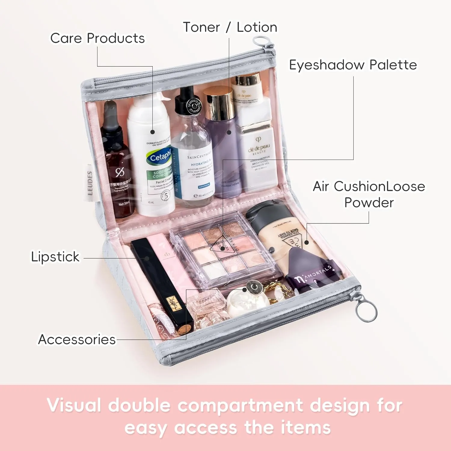 Makeup Bag Travel Essentials Cute Skincare Pouch Purse Cosmetic Bags for Women Traveling Make Up Organizer Portable Clear Case Toiletry Bag with Zipper (Light Grey, Medium)