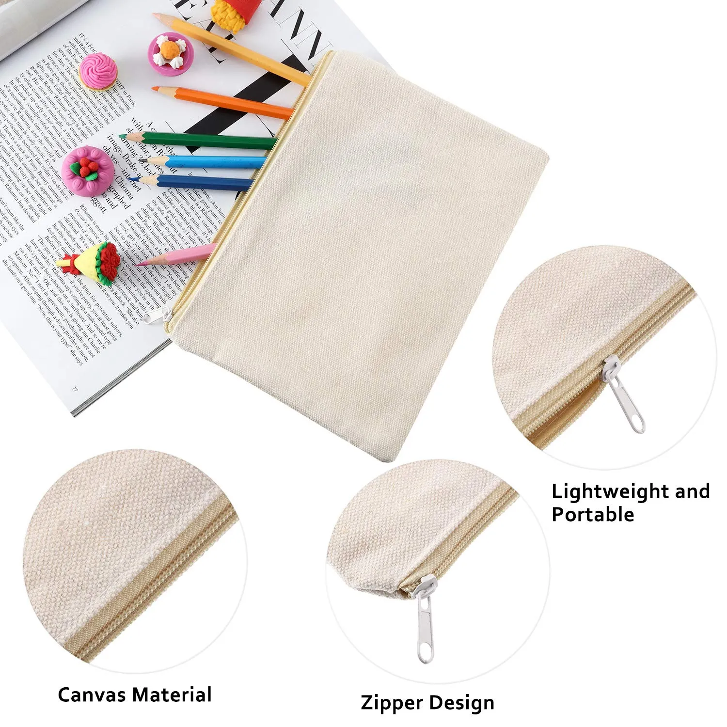 meekoo 16 Pack Canvas Blank Cosmetics Bag Multi-Purpose Zipper Canvas Makeup Pouches Travel Toiletry Pouches Pen Pencil Plain DIY Craft Bag(M,Beige and Black)