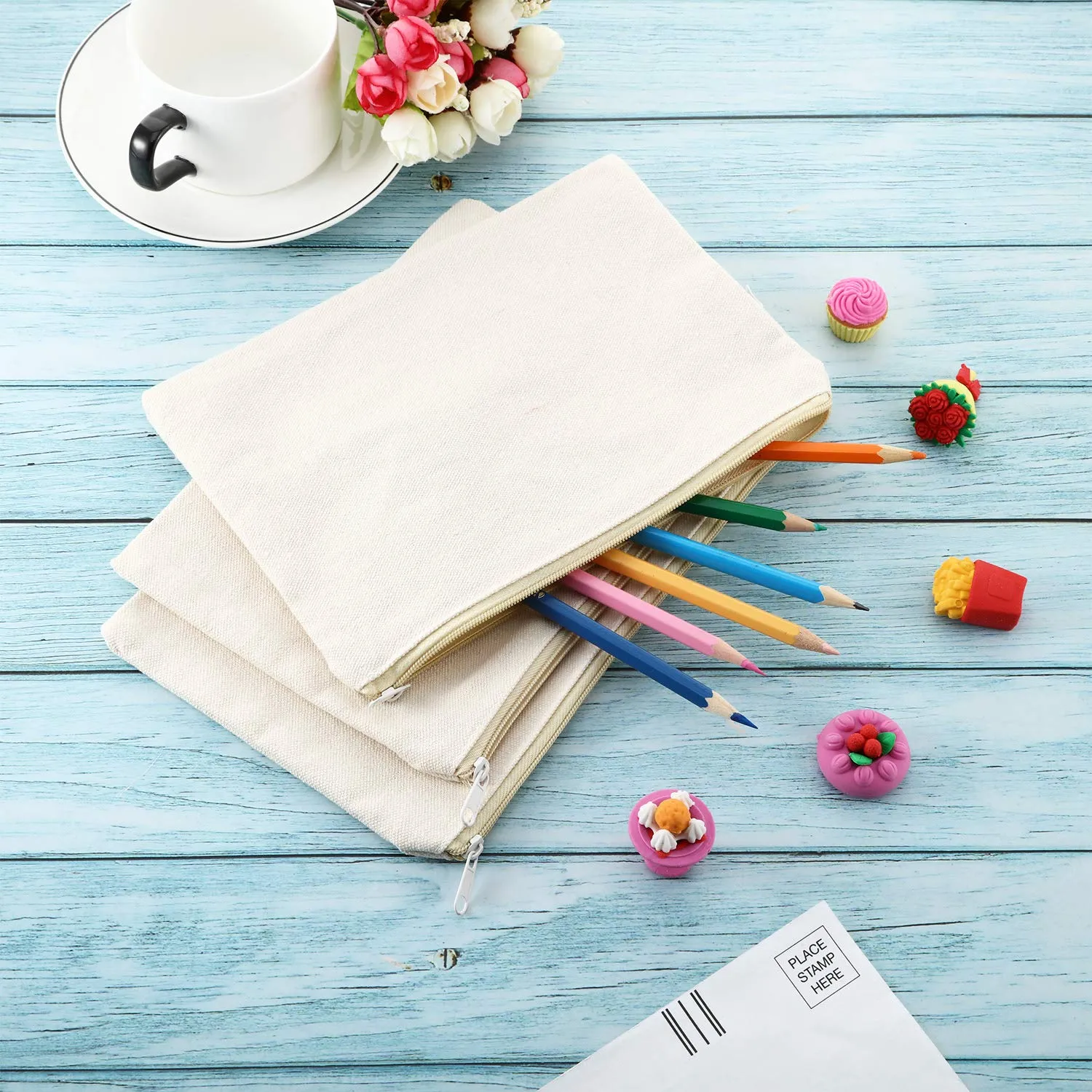 meekoo 16 Pack Canvas Blank Cosmetics Bag Multi-Purpose Zipper Canvas Makeup Pouches Travel Toiletry Pouches Pen Pencil Plain DIY Craft Bag(M,Beige and Black)