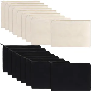 meekoo 16 Pack Canvas Blank Cosmetics Bag Multi-Purpose Zipper Canvas Makeup Pouches Travel Toiletry Pouches Pen Pencil Plain DIY Craft Bag(M,Beige and Black)