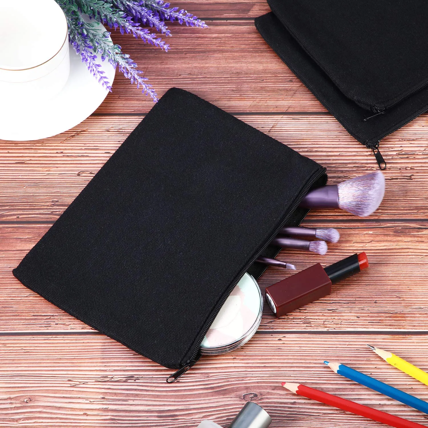 meekoo 16 Pack Canvas Blank Cosmetics Bag Multi-Purpose Zipper Canvas Makeup Pouches Travel Toiletry Pouches Pen Pencil Plain DIY Craft Bag(M,Beige and Black)
