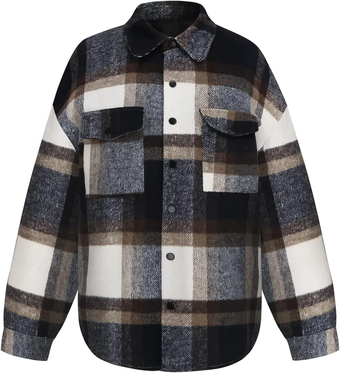 Men's Casual Warm Plaid Wool Blend Jacket Fleece Relaxed Fit Button Up Long Sleeve Shacket Shirt Coat