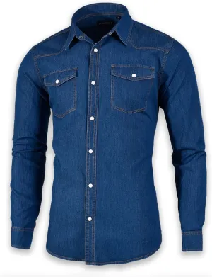 Men's Long Sleeve Double Pocket Snap Denim Shirt
