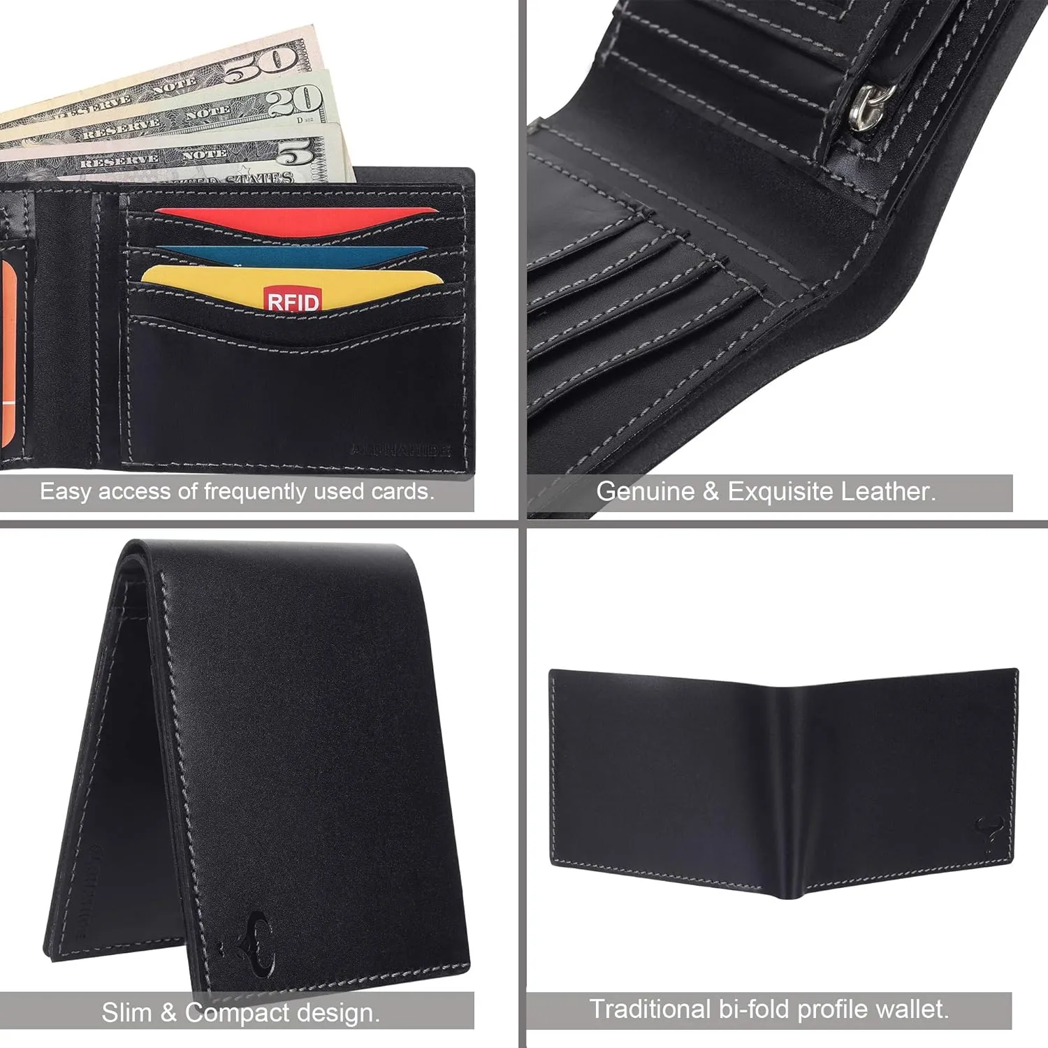 Mens Wallet, RFID Safe, Front Pocket Wallet Slim Bifold Wallet For Men Handcrafted Genuine Leather Billfold Wallet Gift Box