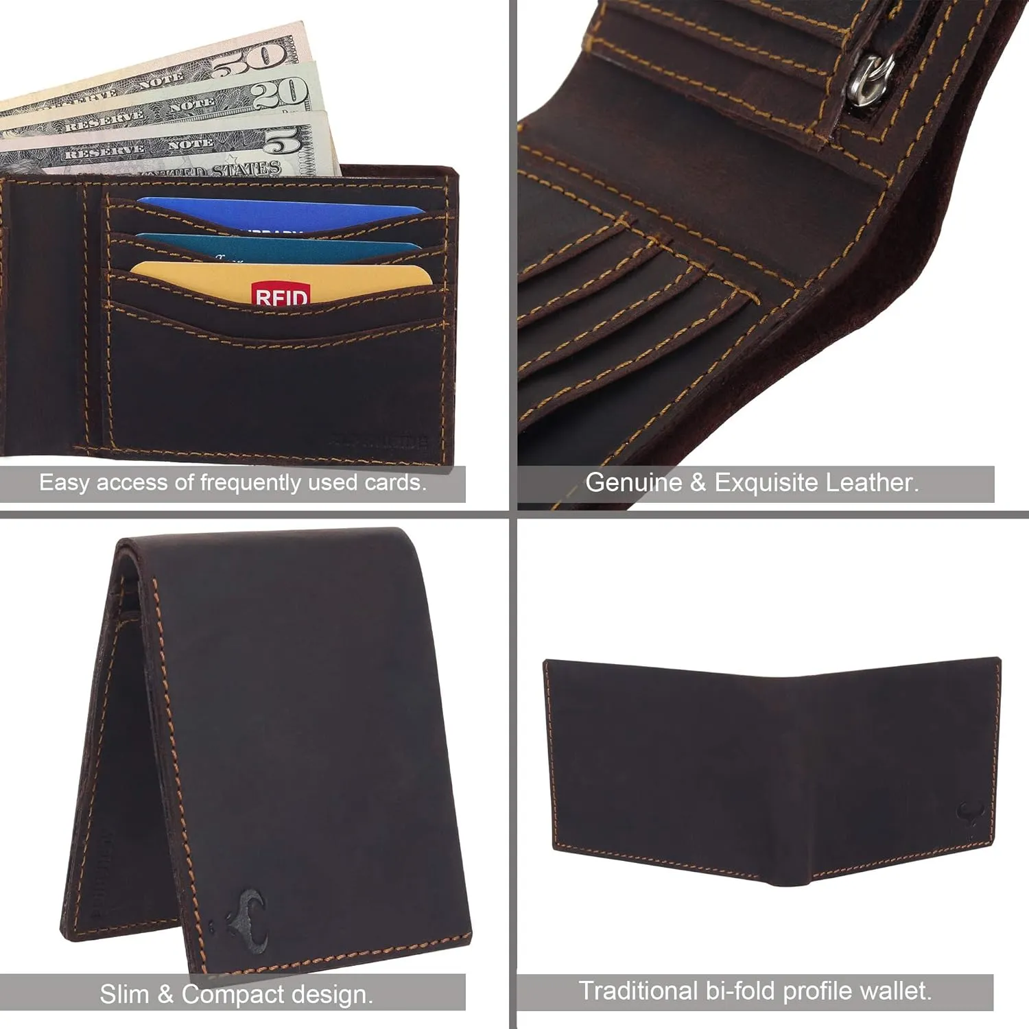 Mens Wallet, RFID Safe, Front Pocket Wallet Slim Bifold Wallet For Men Handcrafted Genuine Leather Billfold Wallet Gift Box
