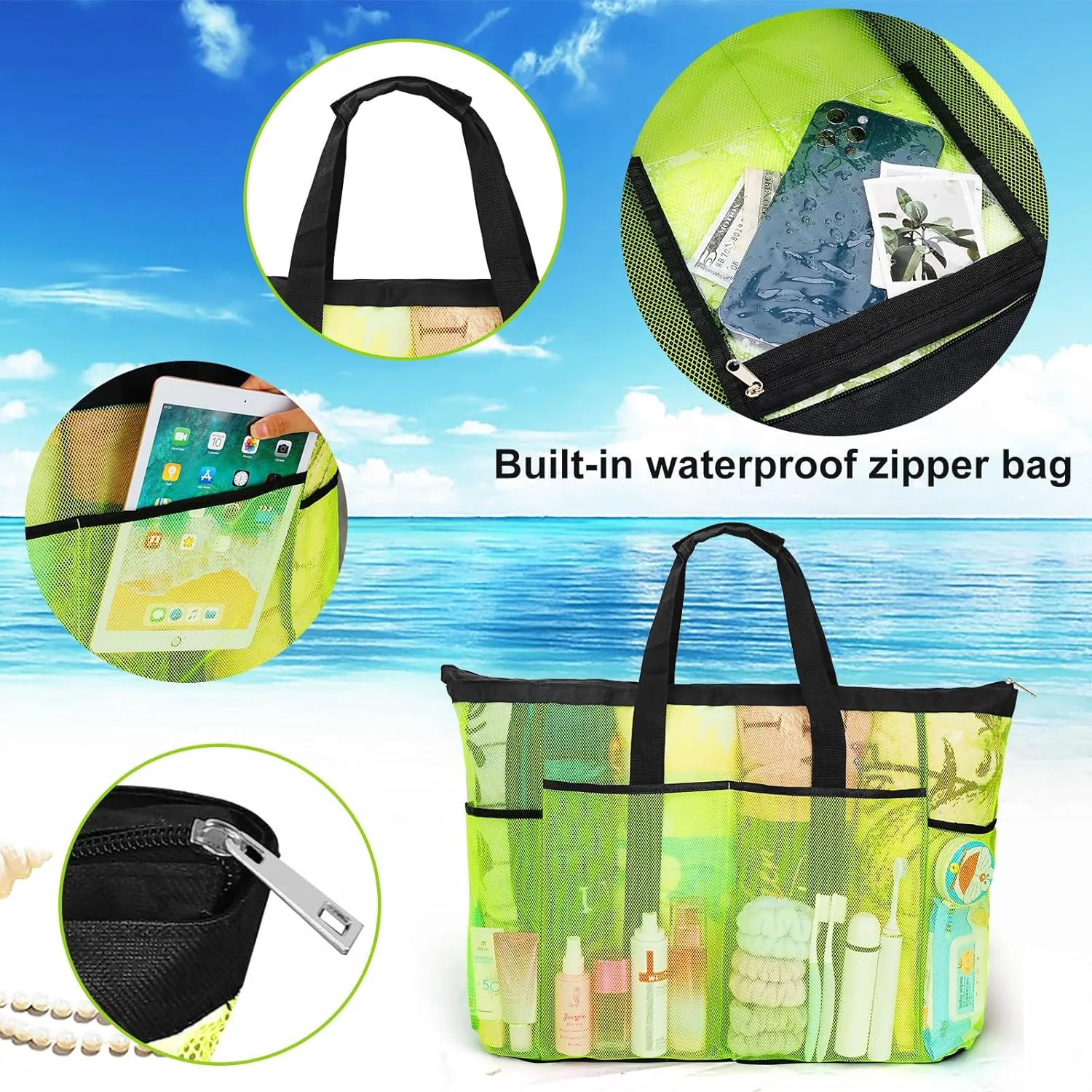 Mesh Beach Bags for Women - Plus Waterproof Sandproof Tote Bag