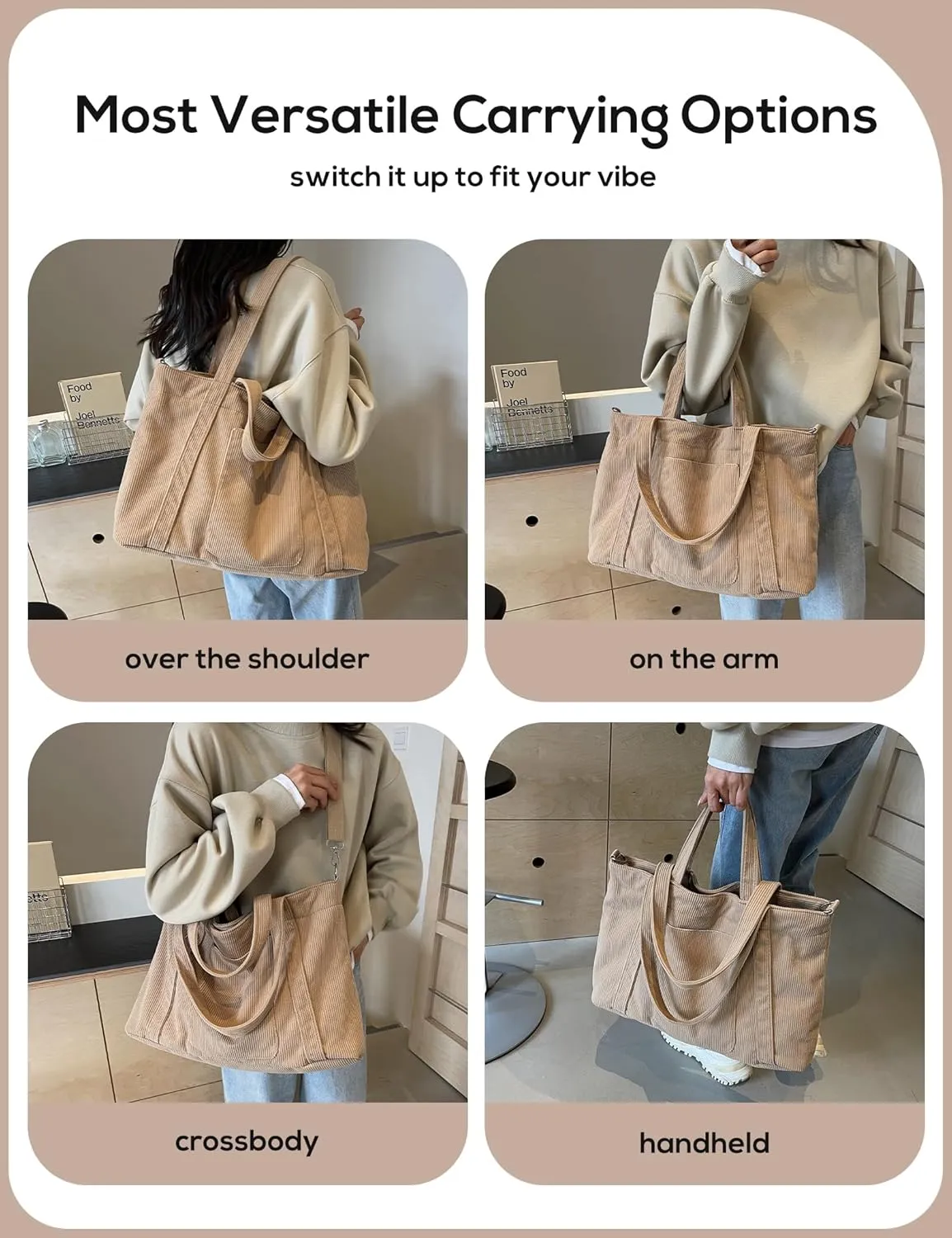 METALPHA Tote Bag for Women, Large Work Corduroy Tote Bags Zippered Messenger Travel Bag Shoulder Crossbody Hobo Handbags