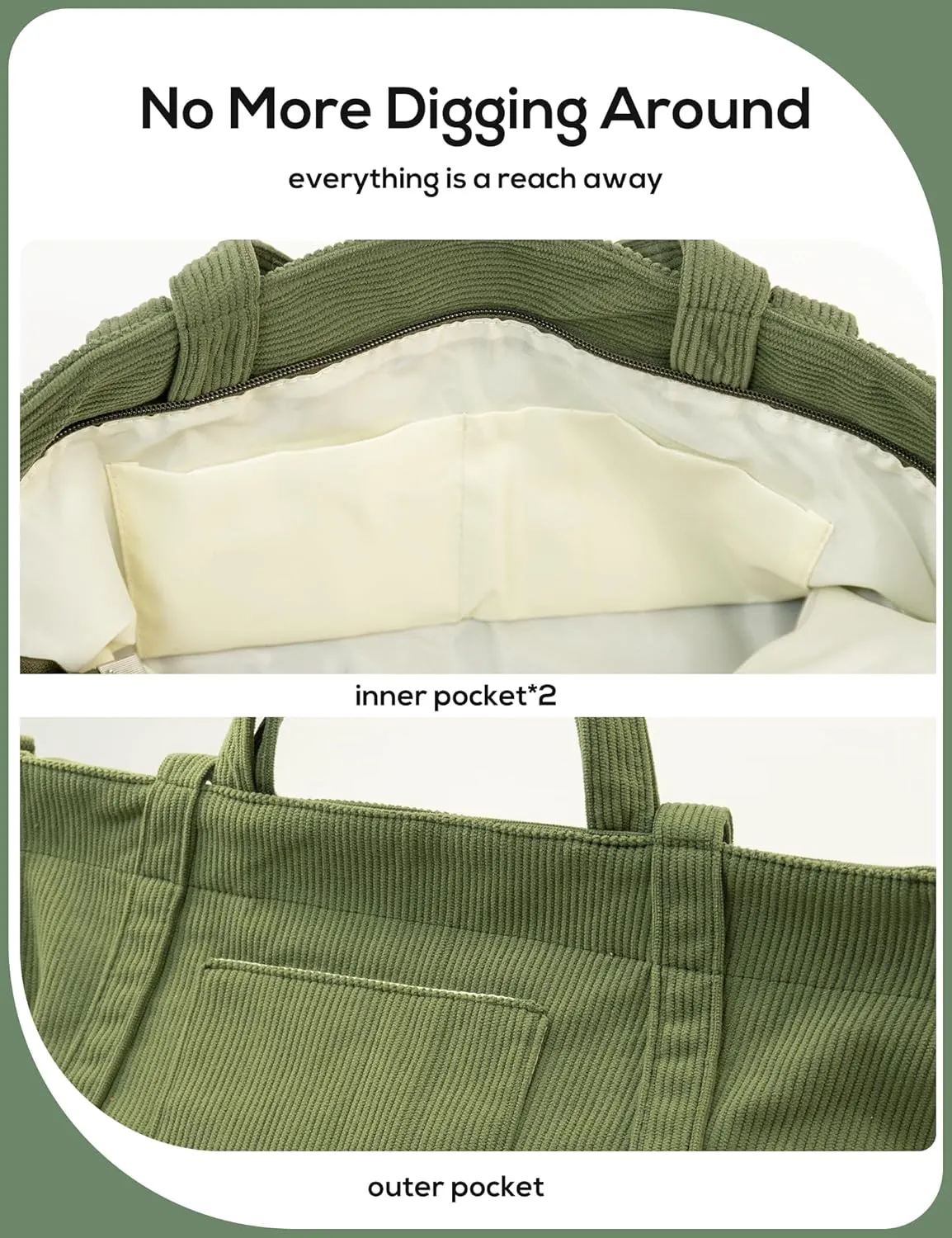 METALPHA Tote Bag for Women, Large Work Corduroy Tote Bags Zippered Messenger Travel Bag Shoulder Crossbody Hobo Handbags
