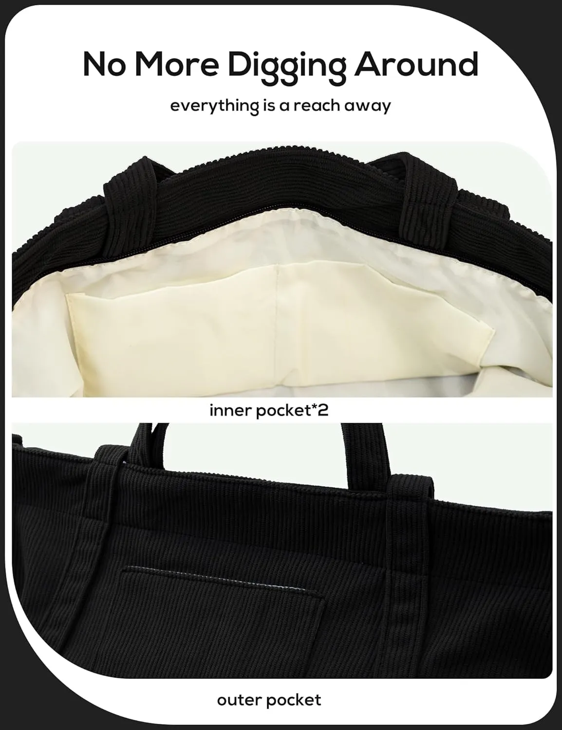 METALPHA Tote Bag for Women, Large Work Corduroy Tote Bags Zippered Messenger Travel Bag Shoulder Crossbody Hobo Handbags