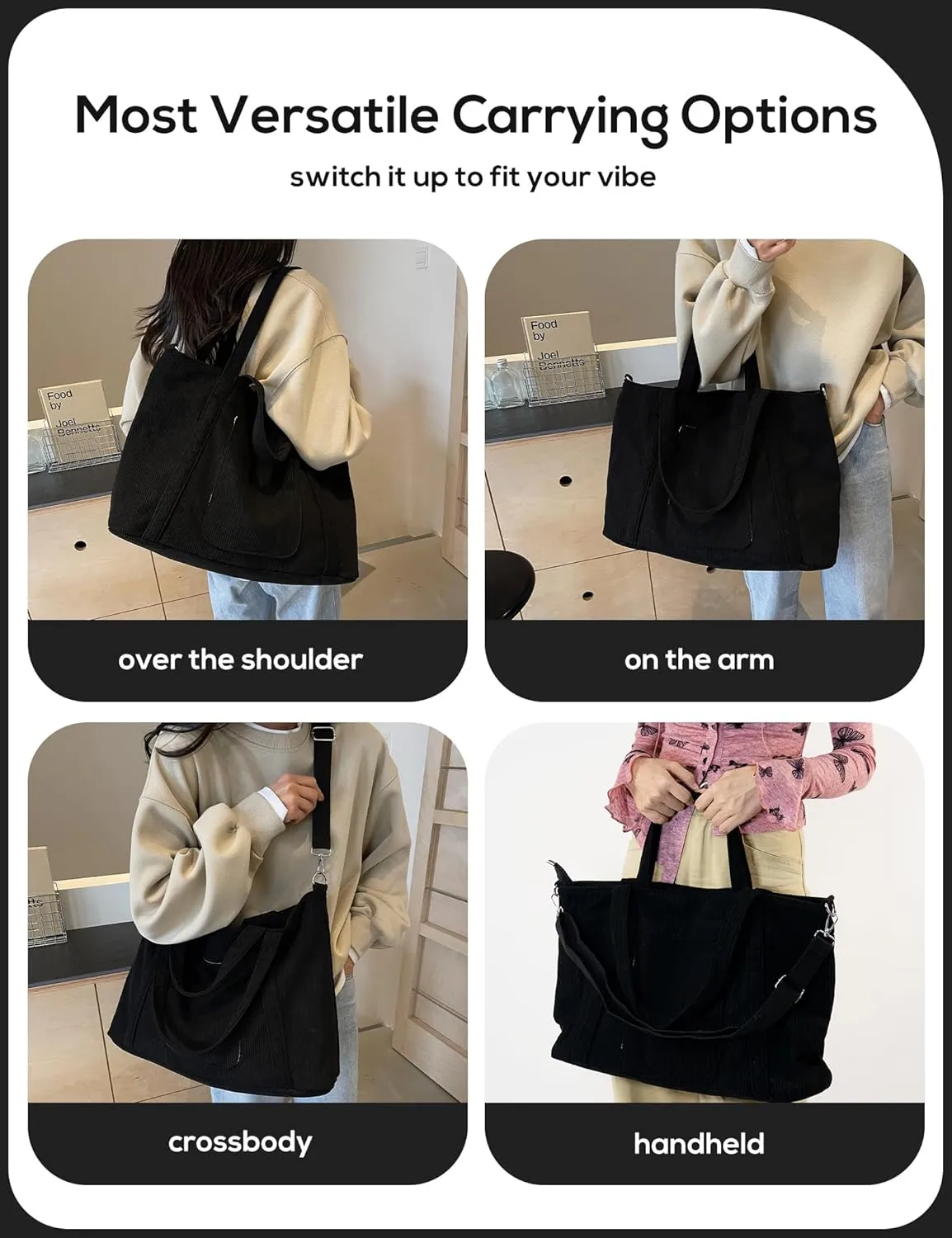 METALPHA Tote Bag for Women, Large Work Corduroy Tote Bags Zippered Messenger Travel Bag Shoulder Crossbody Hobo Handbags