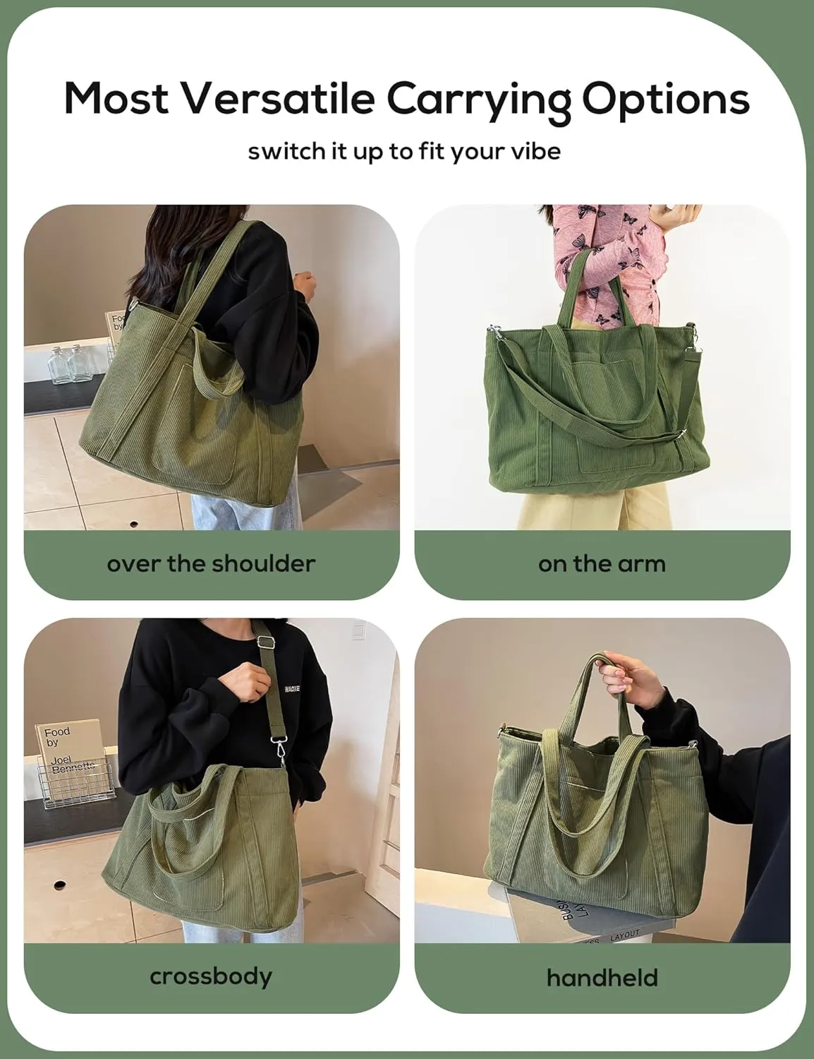 METALPHA Tote Bag for Women, Large Work Corduroy Tote Bags Zippered Messenger Travel Bag Shoulder Crossbody Hobo Handbags