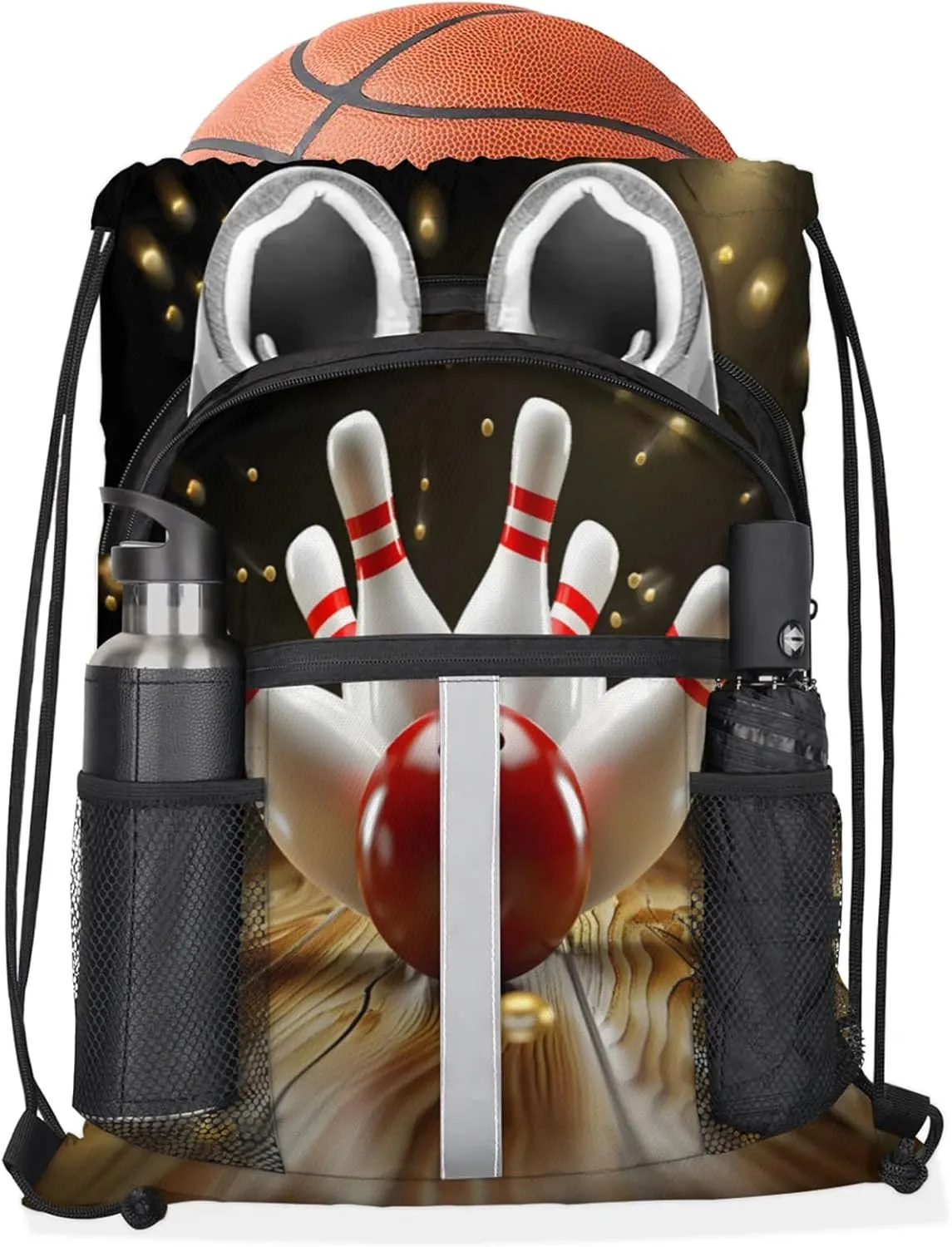 Modern Bowling Ball Drawstring Backpack for Women and Men Lightweight Waterproof Sports Gym Sackpack with Mesh Pockets