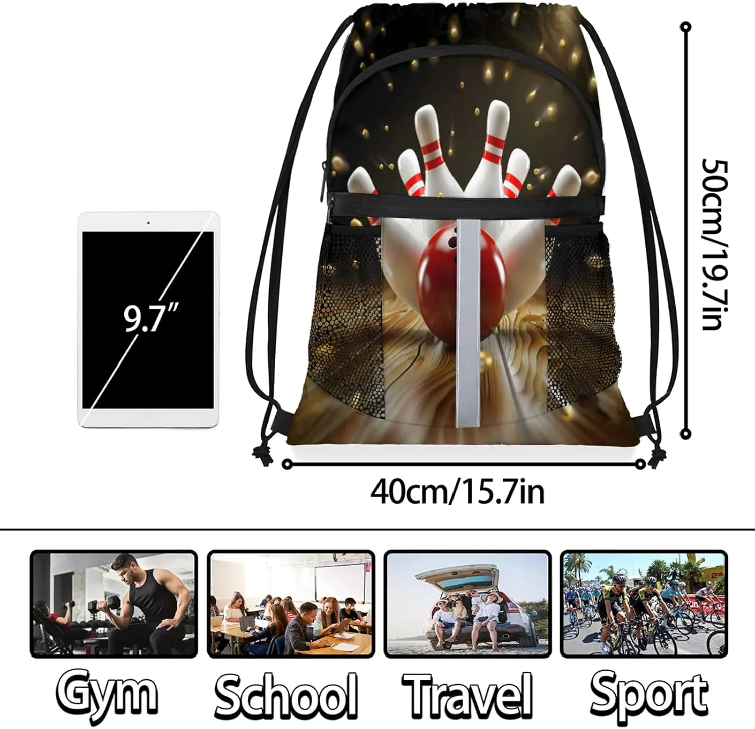 Modern Bowling Ball Drawstring Backpack for Women and Men Lightweight Waterproof Sports Gym Sackpack with Mesh Pockets