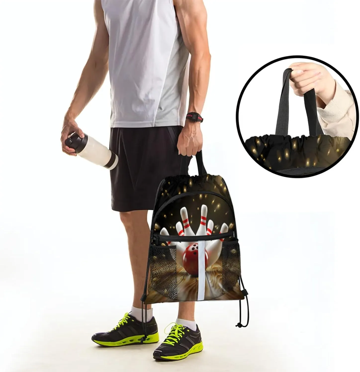 Modern Bowling Ball Drawstring Backpack for Women and Men Lightweight Waterproof Sports Gym Sackpack with Mesh Pockets