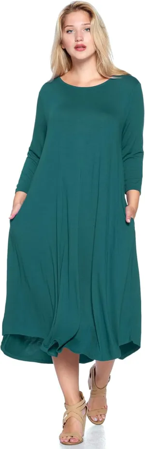 Modern Kiwi Plus Size Solid 3/4 Sleeve Pocket Curve Hem Midi Maxi Dress Hunter Green 4X
