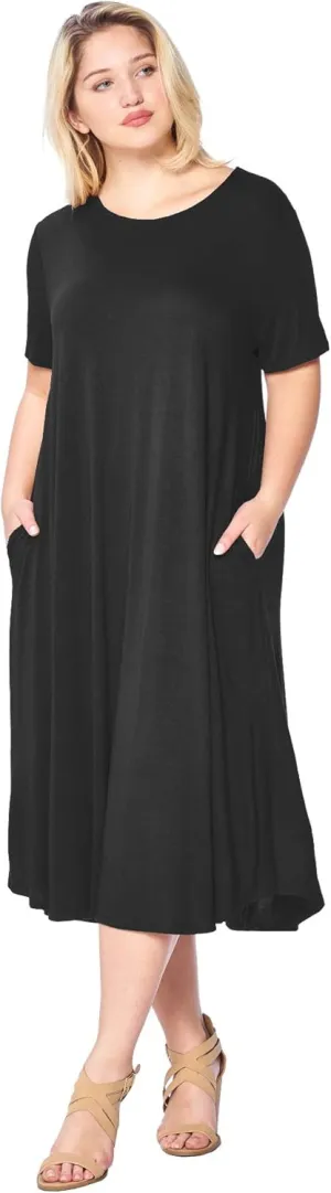 Modern Kiwi Women's Plus Size Short Sleeve Flowy A-Line Pocket Midi Maxi Dress (1X-5X) Made in USA