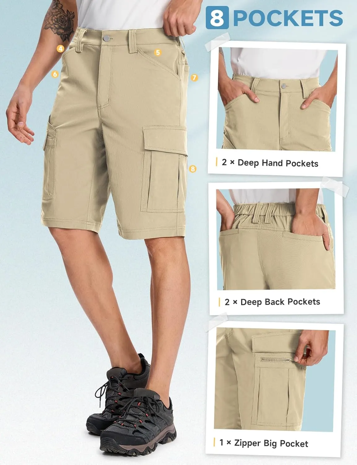 Moosehill Mens-Cargo-Hiking-Shorts Lightweight Water Resistant Quick Dry Relaxed Fit Big & Tall Stretch Waist with 8 Pockets