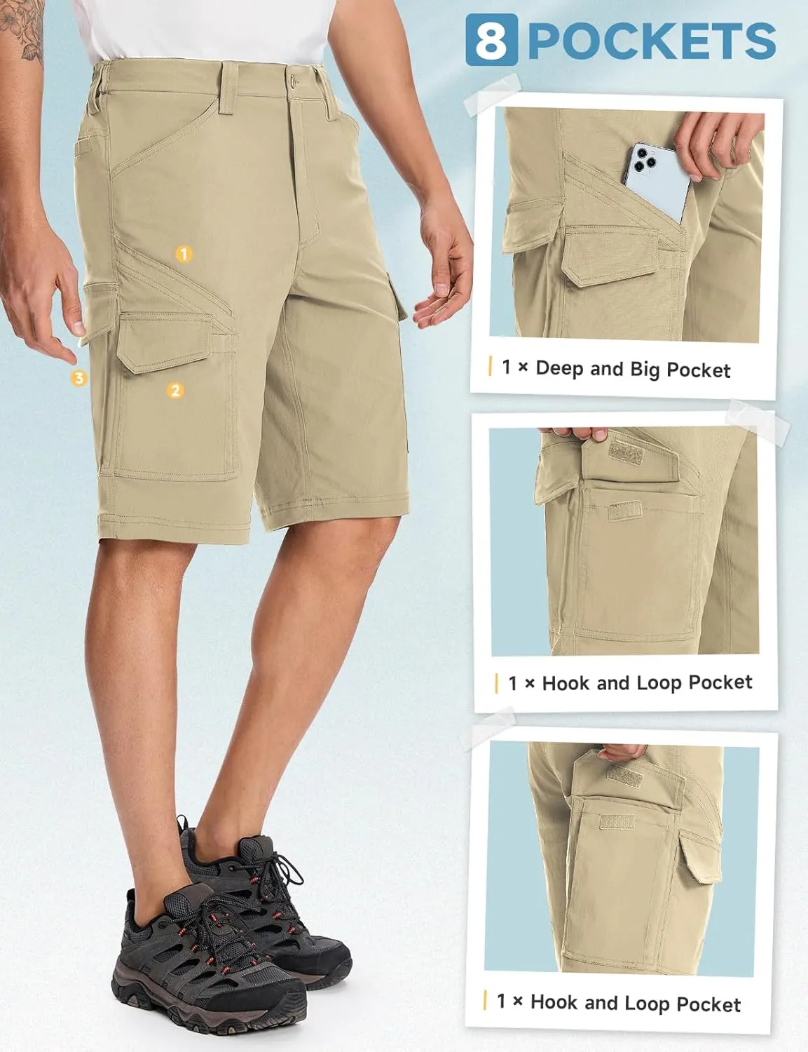 Moosehill Mens-Cargo-Hiking-Shorts Lightweight Water Resistant Quick Dry Relaxed Fit Big & Tall Stretch Waist with 8 Pockets