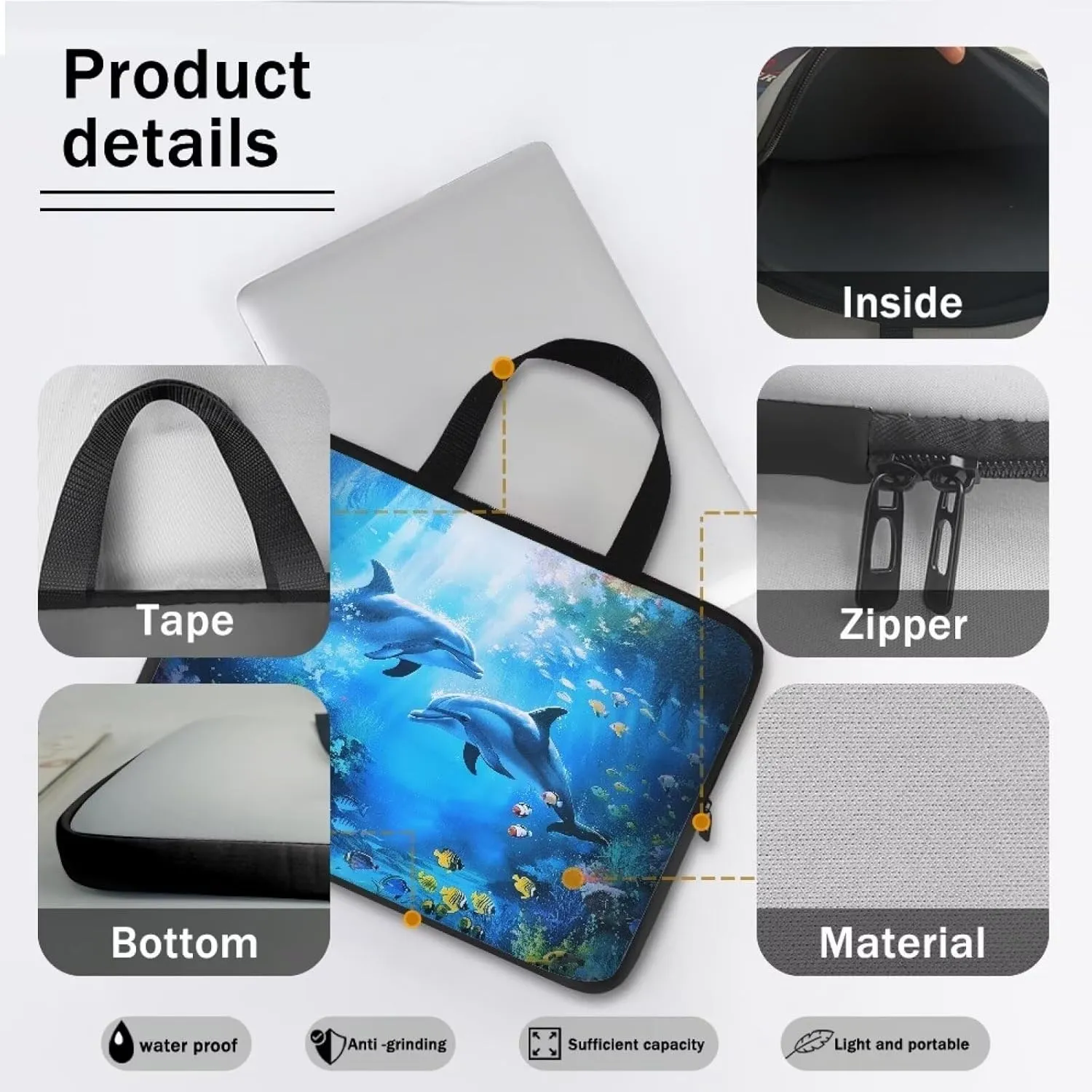 Mumeson Laptop Sleeve Case, Lightweight Portable Laptop Bag Cover Portable Dolphin Laptop Carrying Case Bag Protective Tote Handbag