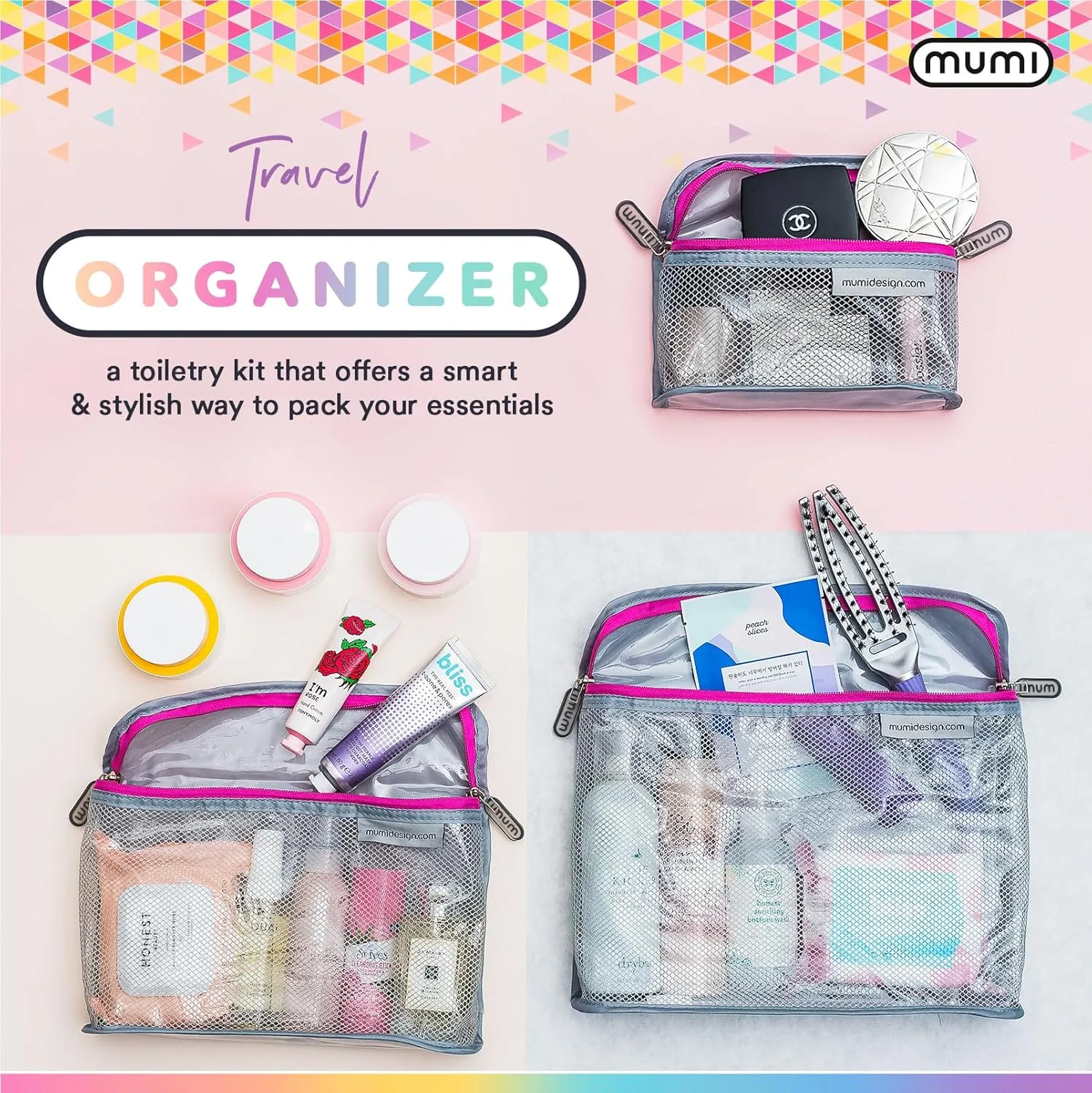 MUMI Travel Toiletry Bag Set of 3  Clear TSA Approved Toiletry Bags for Women  Reusable Water-Resistant Makeup Organizer Pouches for Skincare, Cosmetics, Travel Accessories, Airport Packing - Gray