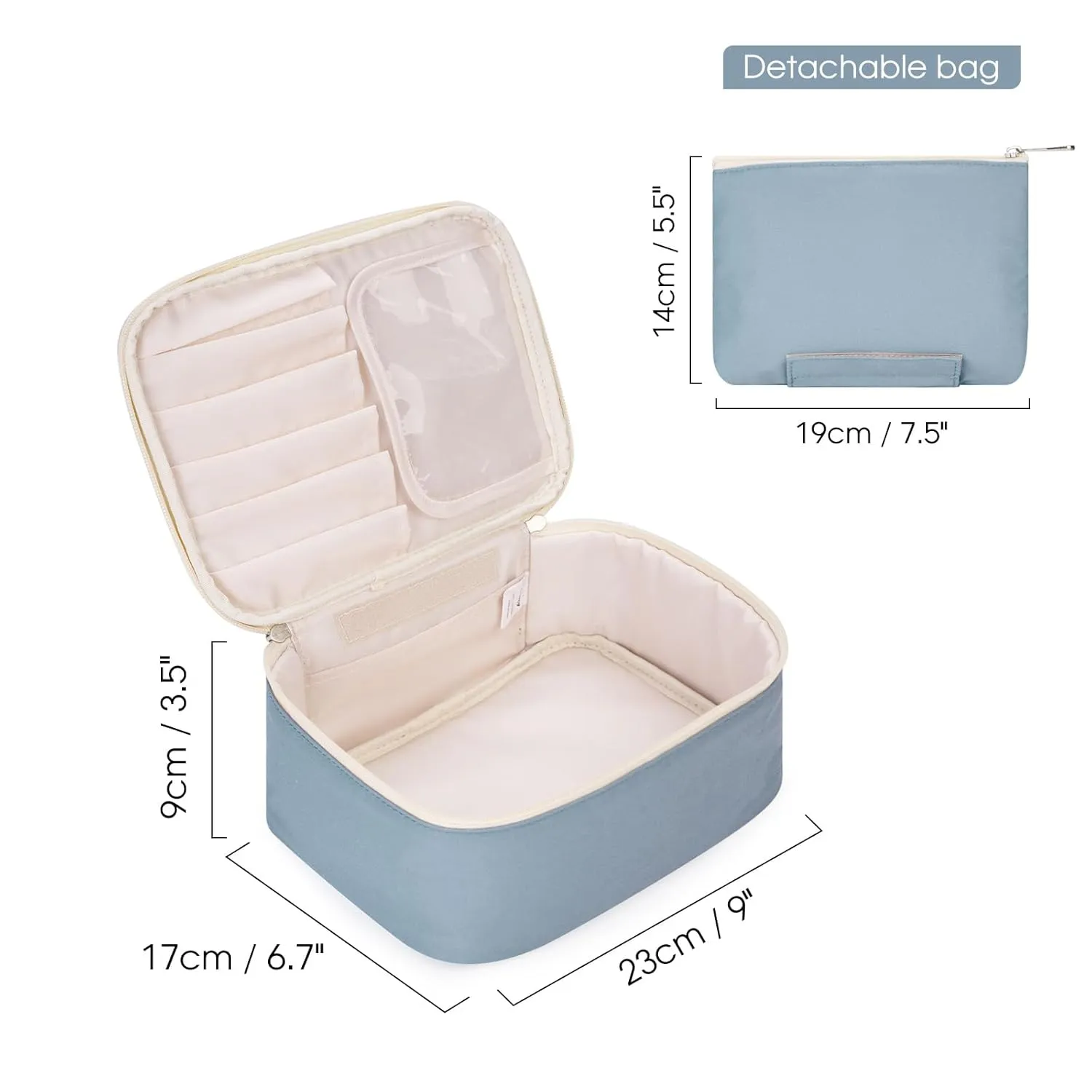 Narwey Travel Makeup Bag with Brush CompartmentsPortable Cosmetic BagMake up Bag Makeup Organizer Case with Brush Storage for Women (Greyish Blue-1)