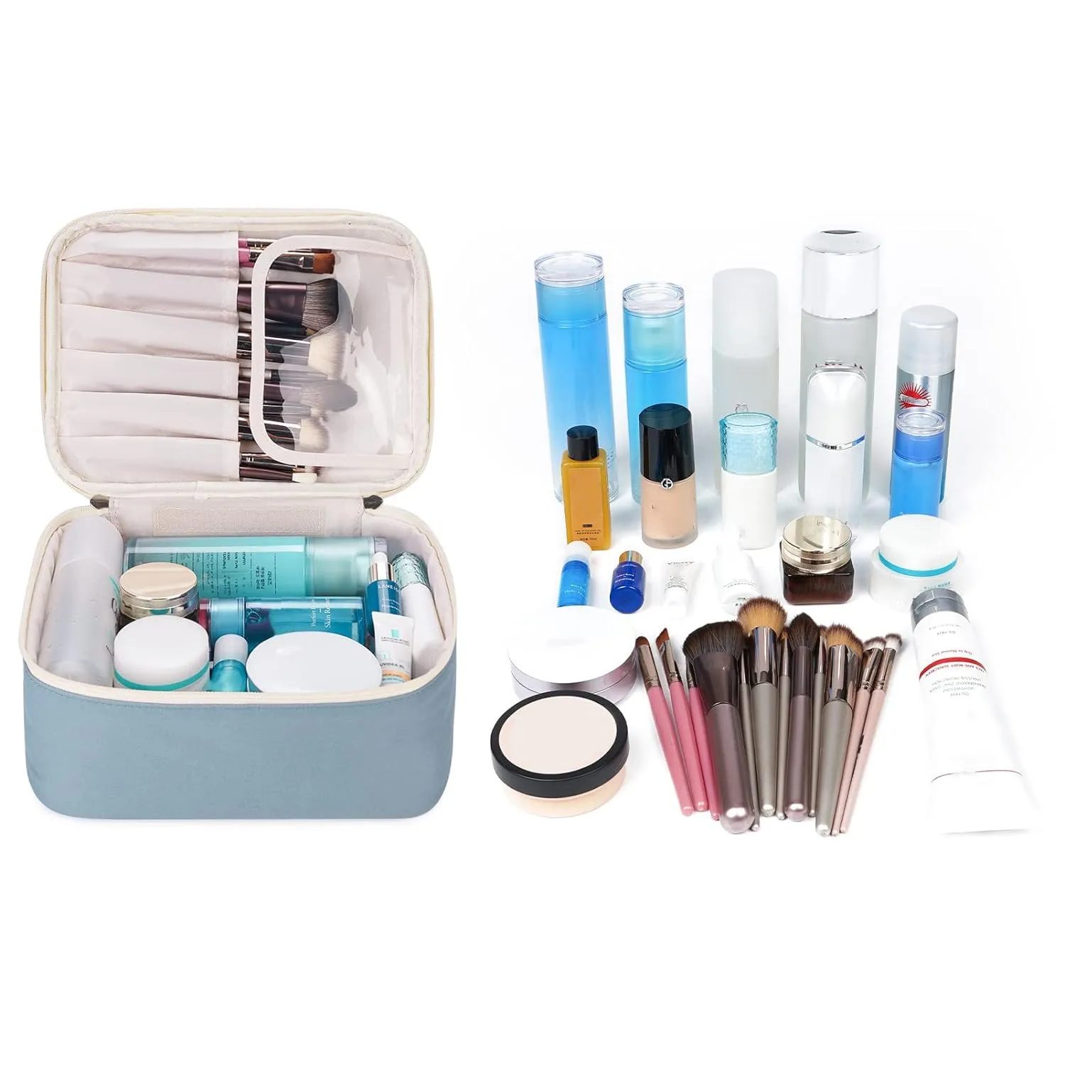 Narwey Travel Makeup Bag with Brush CompartmentsPortable Cosmetic BagMake up Bag Makeup Organizer Case with Brush Storage for Women (Greyish Blue-1)