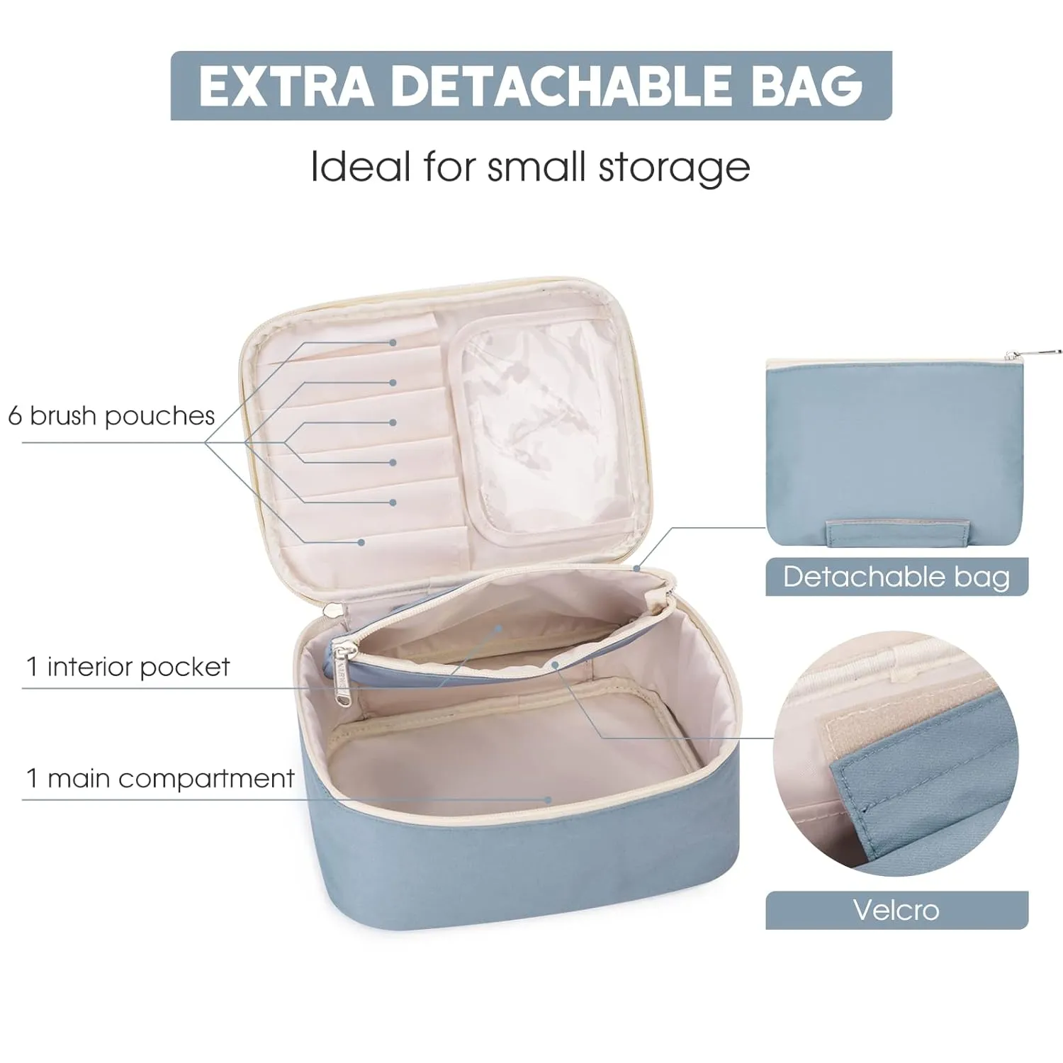 Narwey Travel Makeup Bag with Brush CompartmentsPortable Cosmetic BagMake up Bag Makeup Organizer Case with Brush Storage for Women (Greyish Blue-1)
