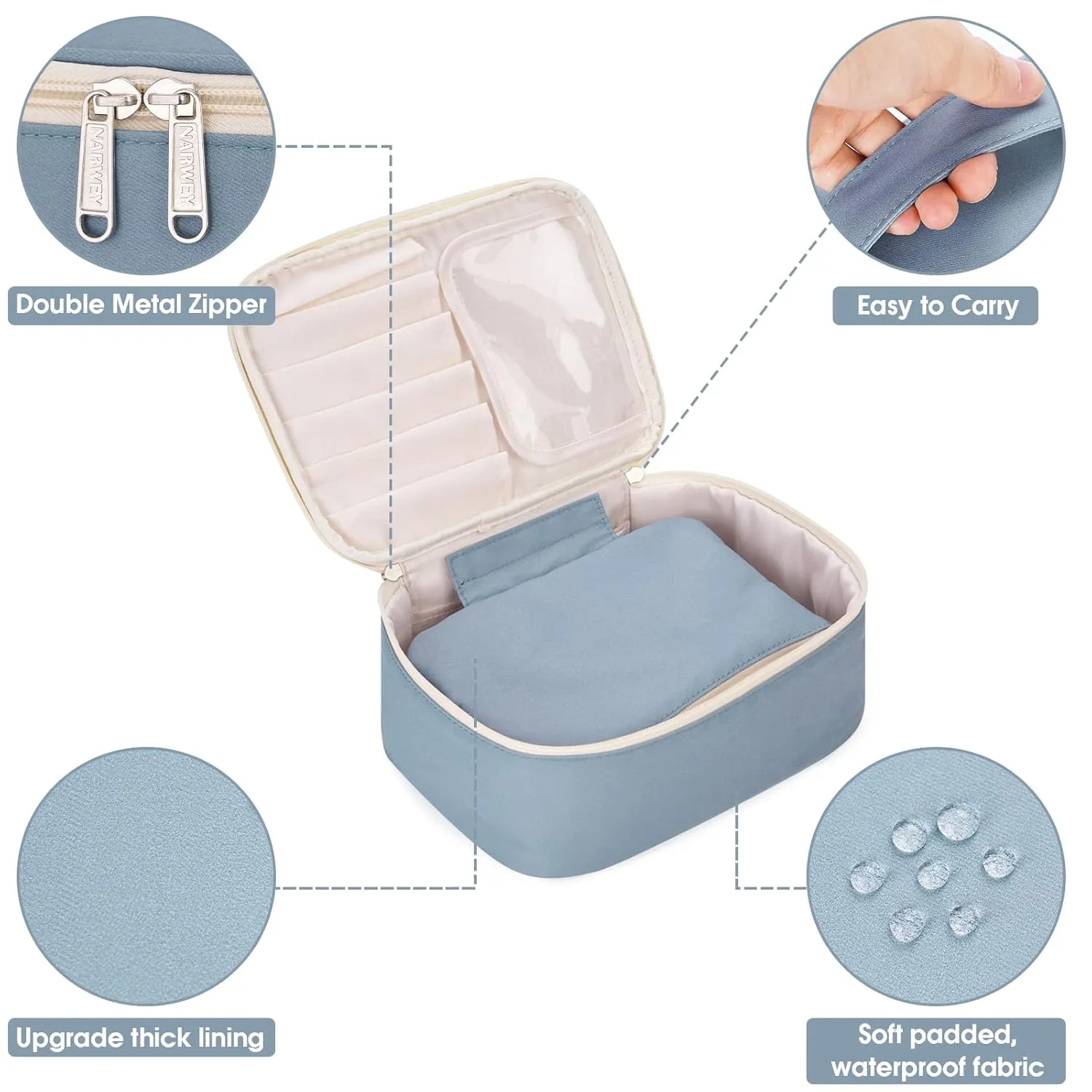 Narwey Travel Makeup Bag with Brush CompartmentsPortable Cosmetic BagMake up Bag Makeup Organizer Case with Brush Storage for Women (Greyish Blue-1)