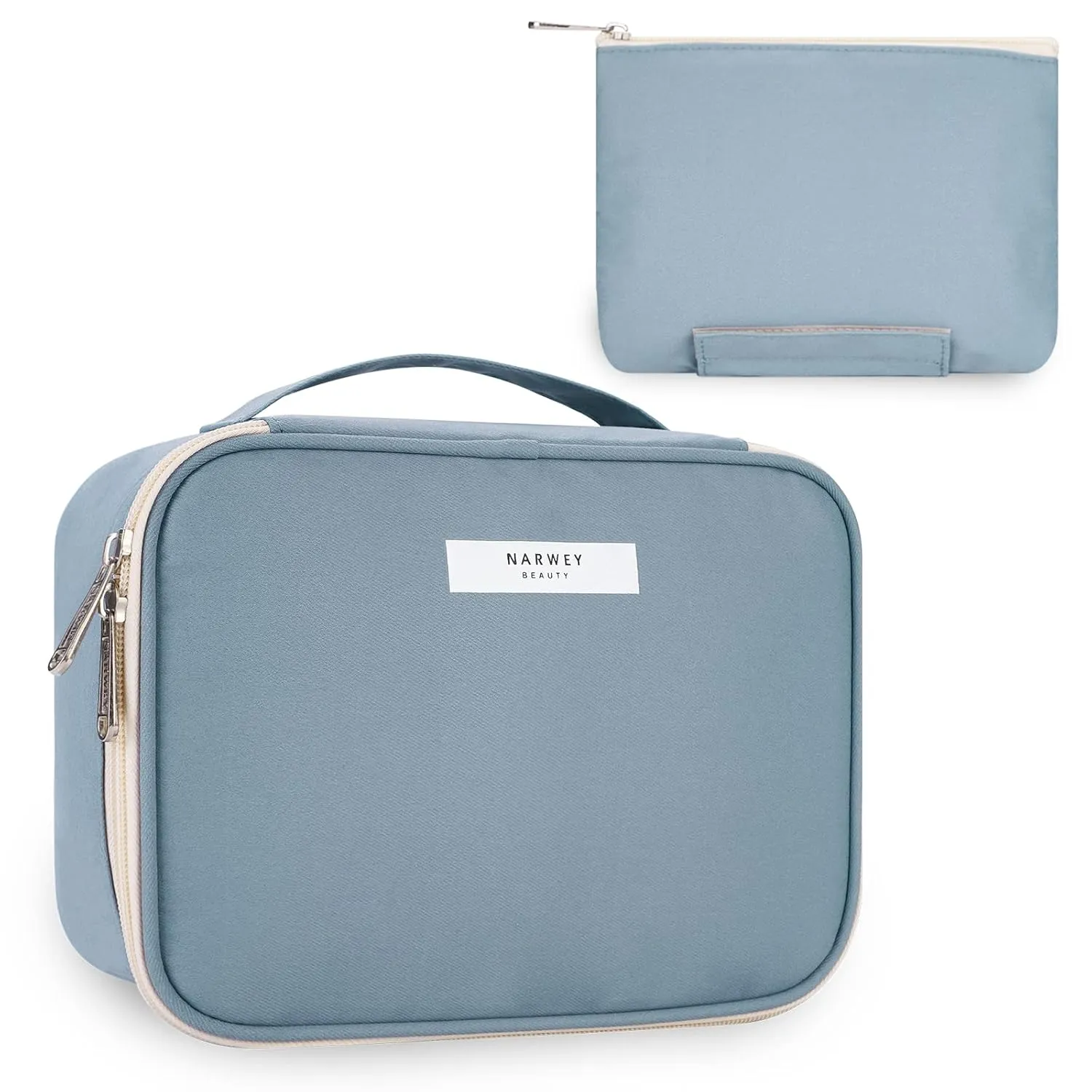 Narwey Travel Makeup Bag with Brush CompartmentsPortable Cosmetic BagMake up Bag Makeup Organizer Case with Brush Storage for Women (Greyish Blue-1)