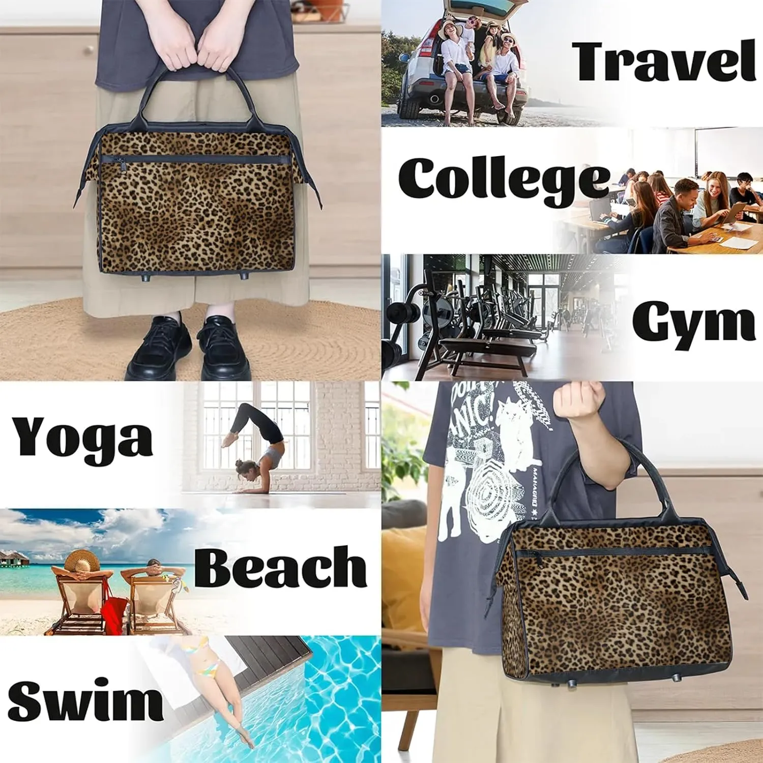 Overnight Weekender Bag for Women Men Fashion Leopard Design Waterproof Carry On Travel Duffel Bags with Zipper Lightweight Sports Gym Bag Luggage Workout Handle Bags for Traveling Yoga Camping