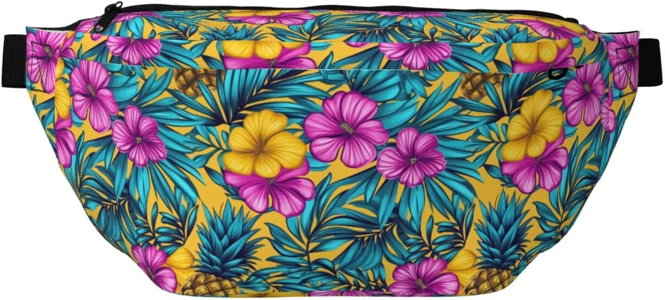 Palm Leaves Hibiscus Flowers Pineapples Fanny Pack For Women Man, Waist Belt Bag Crossbody For Sports Travel Hiking Running Jogging