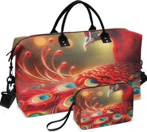 Peacock Feather Cute Travel Duffel Bag Toiletry Pouches Set of 2, Cartoon Women Luggage Bag Overnight Bag