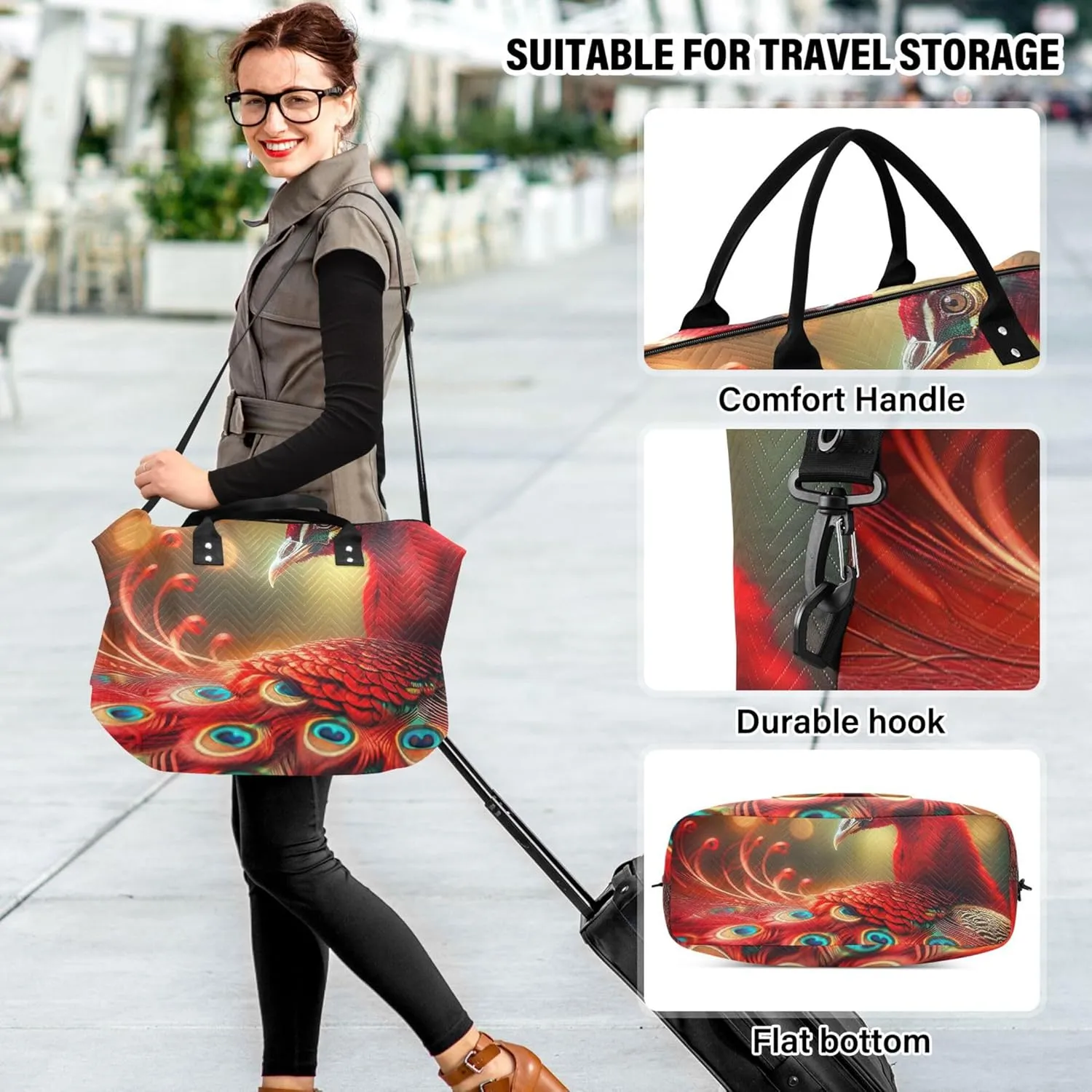 Peacock Feather Cute Travel Duffel Bag Toiletry Pouches Set of 2, Cartoon Women Luggage Bag Overnight Bag