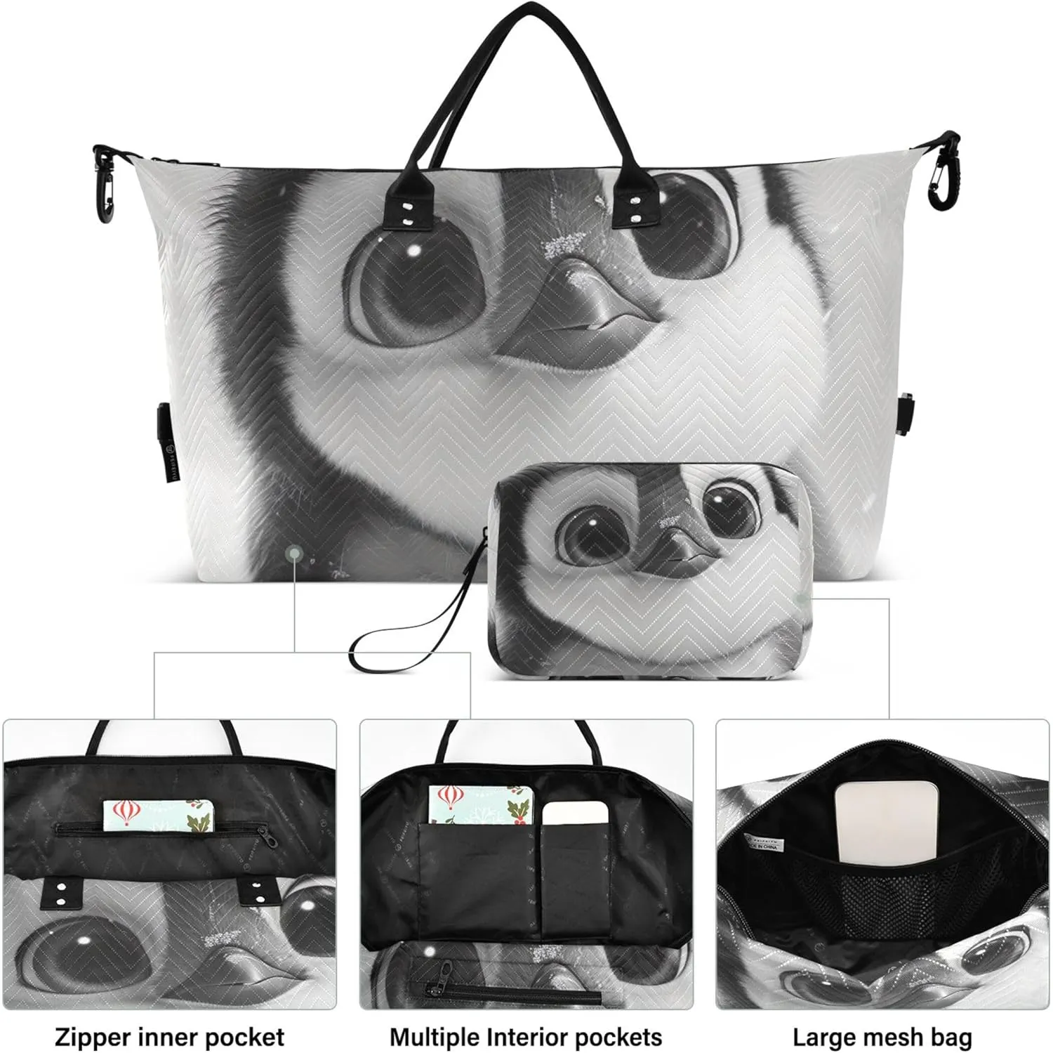 Penguin with Big Eyes Travel Bag Duffel Toiletry Pouches Set of 2, Animal Womens Garment Duffel Bag Carry on Duffle