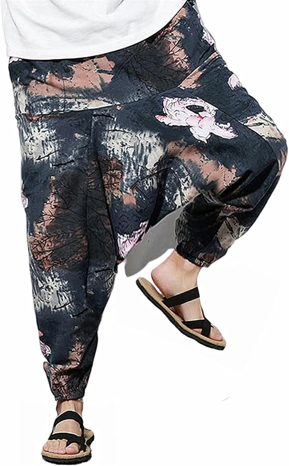 perdontoo Mens Casual Harem Pants Cotton Boho Yoga Hippie Aladdin Summer Beach Drop Crotch Trouser