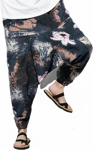 perdontoo Mens Casual Harem Pants Cotton Boho Yoga Hippie Aladdin Summer Beach Drop Crotch Trouser