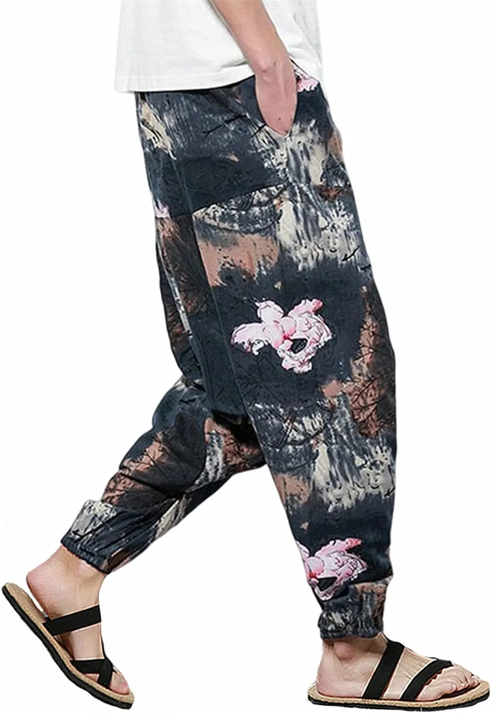 perdontoo Mens Casual Harem Pants Cotton Boho Yoga Hippie Aladdin Summer Beach Drop Crotch Trouser