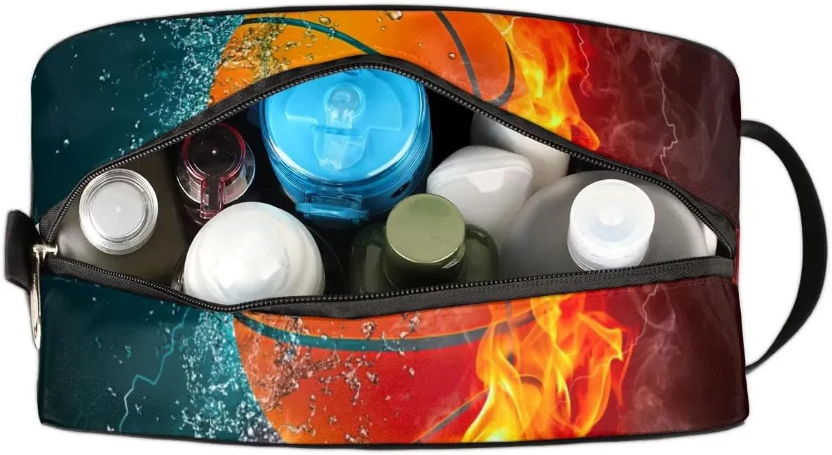 Personalized Gift Travel Makeup Bag for Man Boy Girl Women, Custom Cosmetic Bag Shaving Bag Make Up Bag Organizer Toiletry Bag for Christmas Birthday Basketball Ice Fire