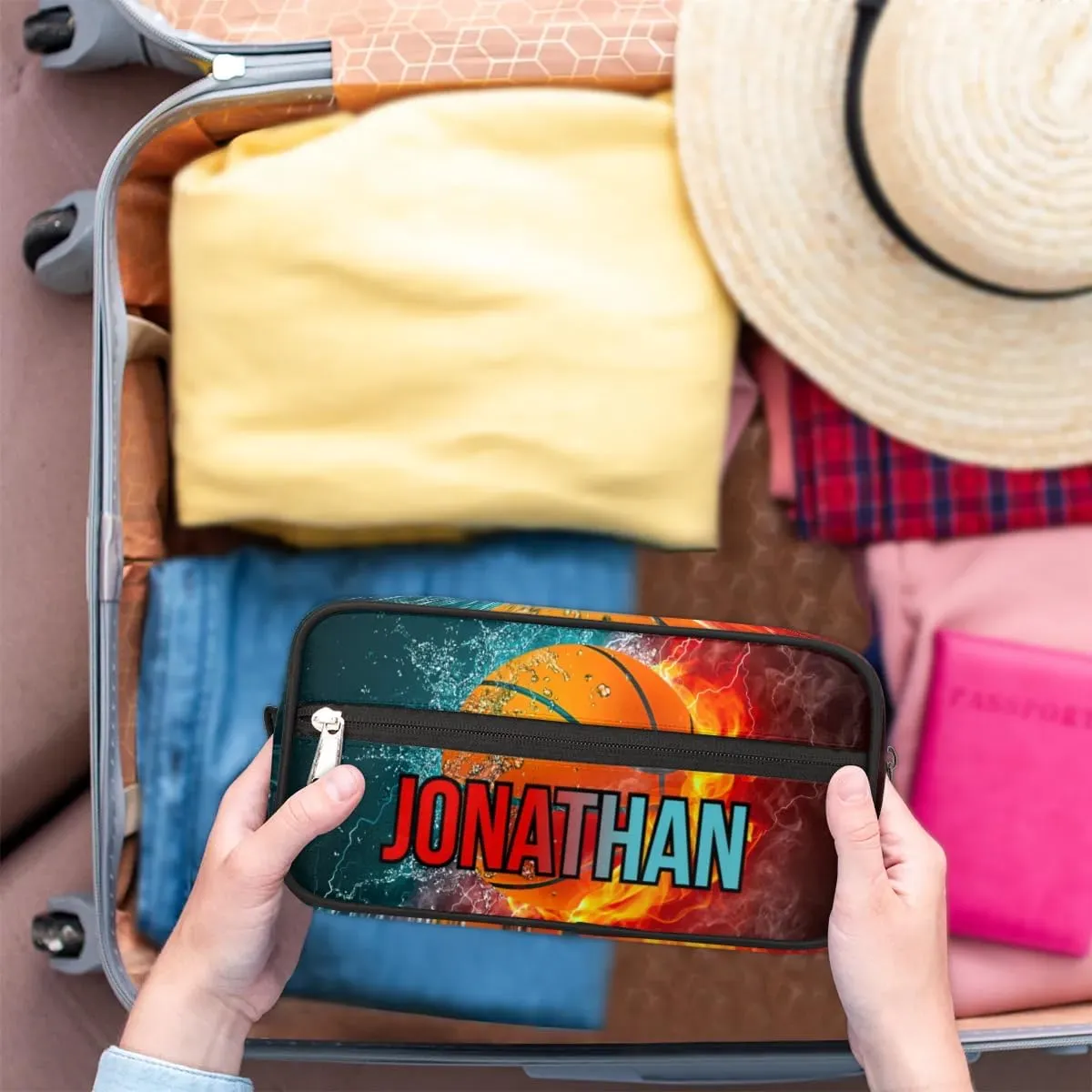 Personalized Gift Travel Makeup Bag for Man Boy Girl Women, Custom Cosmetic Bag Shaving Bag Make Up Bag Organizer Toiletry Bag for Christmas Birthday Basketball Ice Fire