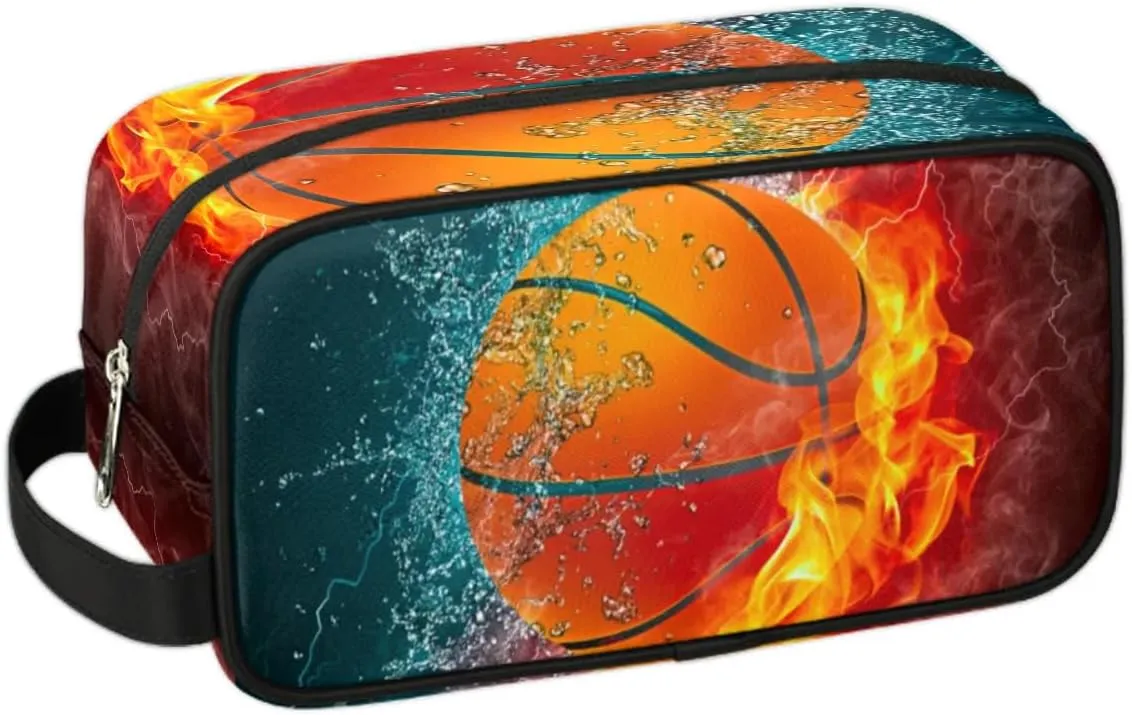Personalized Gift Travel Makeup Bag for Man Boy Girl Women, Custom Cosmetic Bag Shaving Bag Make Up Bag Organizer Toiletry Bag for Christmas Birthday Basketball Ice Fire