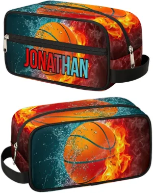 Personalized Gift Travel Makeup Bag for Man Boy Girl Women, Custom Cosmetic Bag Shaving Bag Make Up Bag Organizer Toiletry Bag for Christmas Birthday Basketball Ice Fire