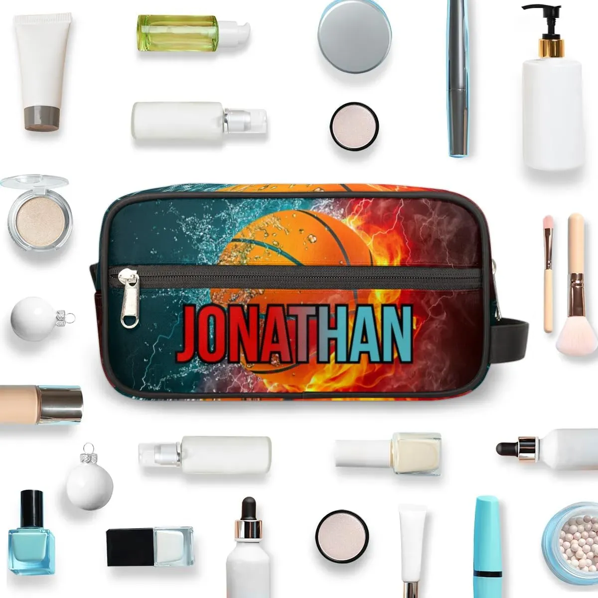 Personalized Gift Travel Makeup Bag for Man Boy Girl Women, Custom Cosmetic Bag Shaving Bag Make Up Bag Organizer Toiletry Bag for Christmas Birthday Basketball Ice Fire
