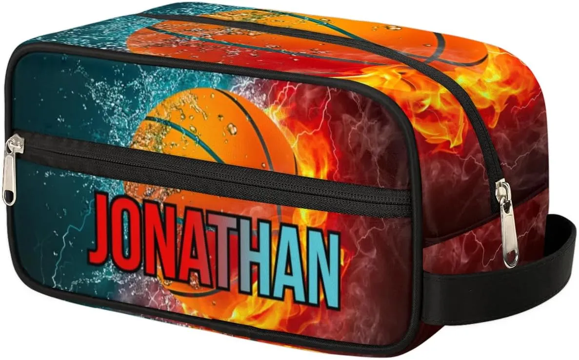 Personalized Gift Travel Makeup Bag for Man Boy Girl Women, Custom Cosmetic Bag Shaving Bag Make Up Bag Organizer Toiletry Bag for Christmas Birthday Basketball Ice Fire