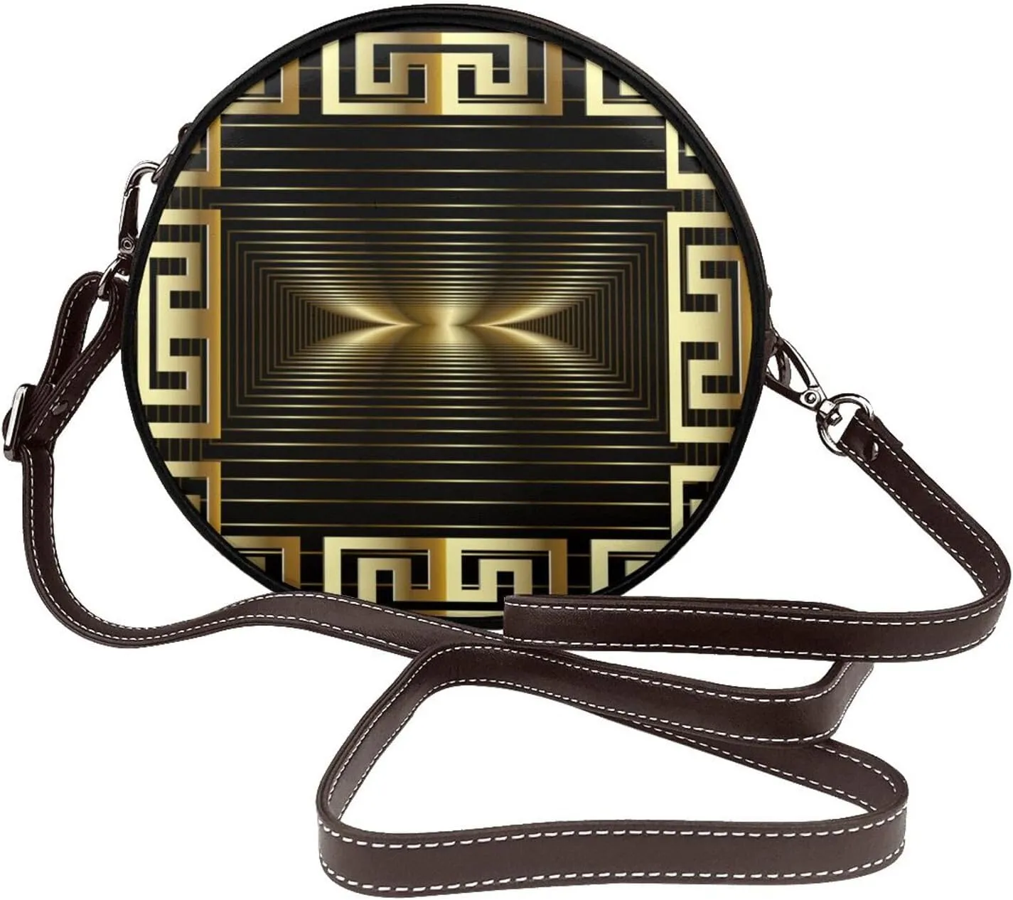 Peynir Gold Modern Greek Panel Round Leather Crossbody Bag Small Satchel Purse Fashion Shoulder Bag For Women