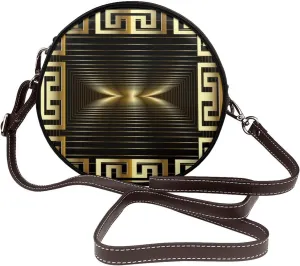 Peynir Gold Modern Greek Panel Round Leather Crossbody Bag Small Satchel Purse Fashion Shoulder Bag For Women