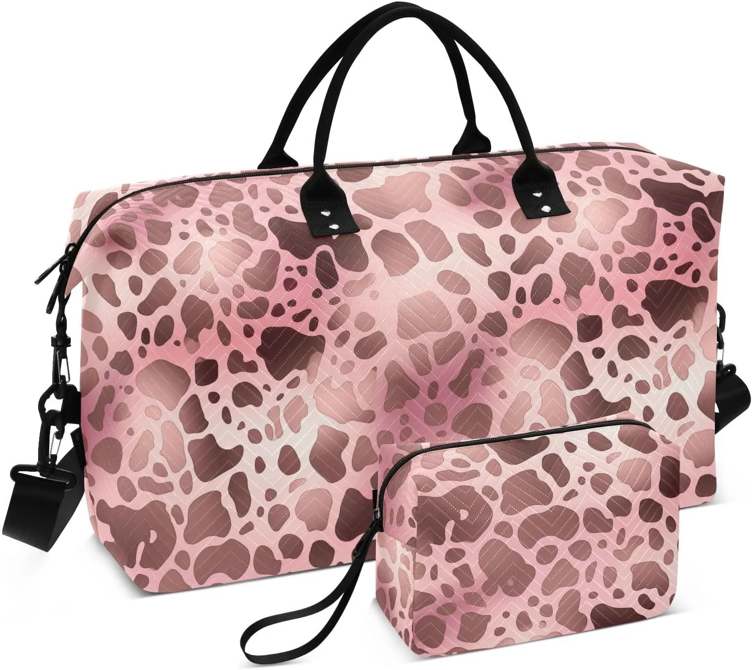 Pink Black Cow Print Travel Duffle Bag Duffel Bags Large Weekender Bag Carry On Duffel Bag Gym Bag with Toiletry Bag Garment Duffle Bags for Airplanes Women Men Yoga Sports Trip Adults