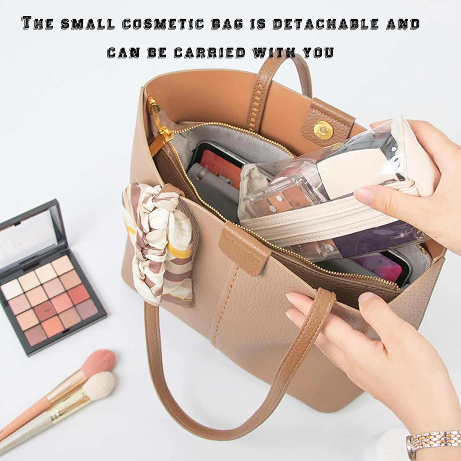 Portable 4-in-1 Foldable Cosmetic Bag, Waterproof Travel Toiletry Bag with 4 Clear Detachable Compartment Roll Up Makeup Bag Hanging Travel Organizer Folding Cosmetic Bag (white)
