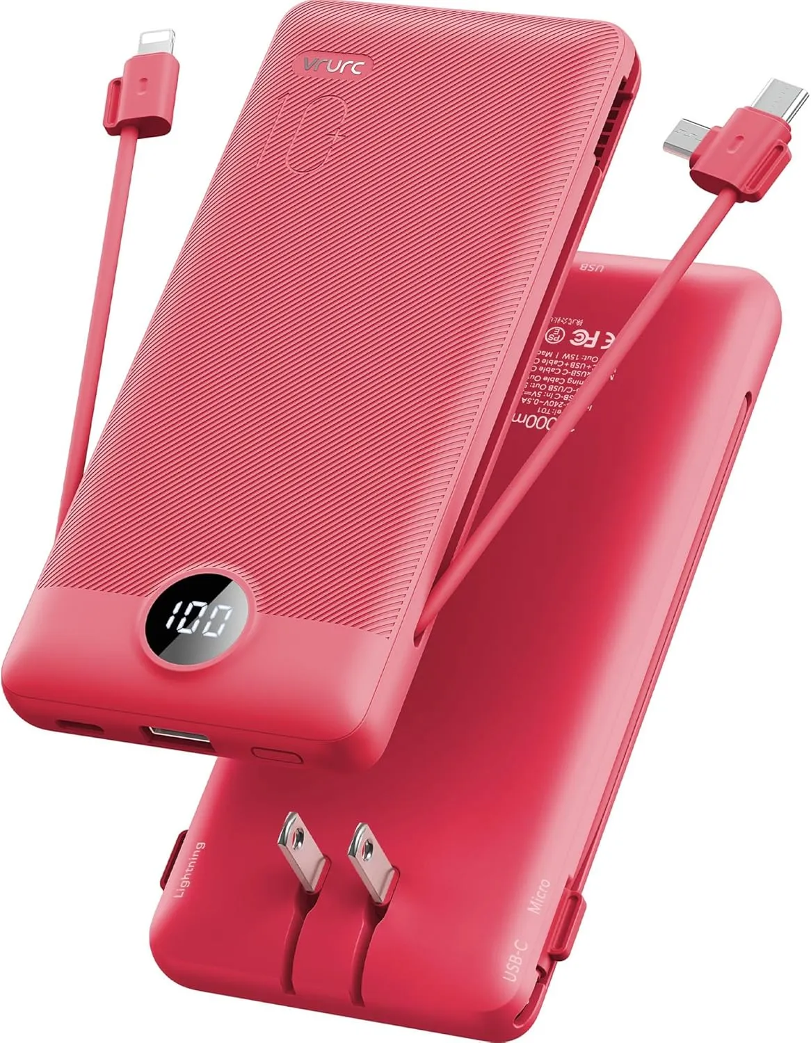 Portable Charger Built-in Cables and AC Wall Plug, VRURC USB C Power Bank 10000mAh, Travel Battery Portable Phone Charger Compact Lightweight External Battery Pack for SmartPhones,Tablets-Viva Magenta